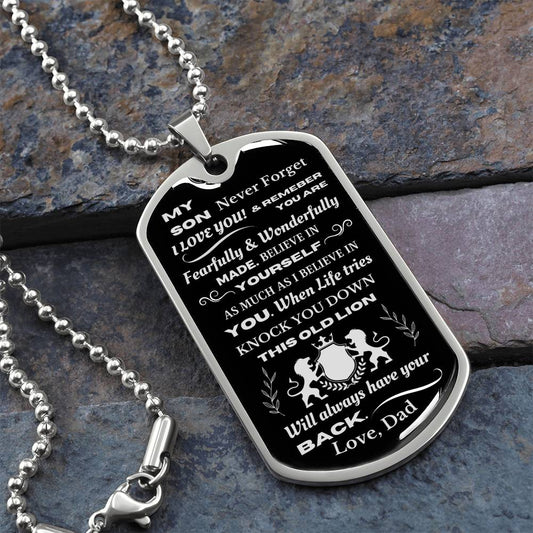 My Son | This Old Lion Has Your Back | Love Dad (Luxury Military Style Dog Tag Necklace).