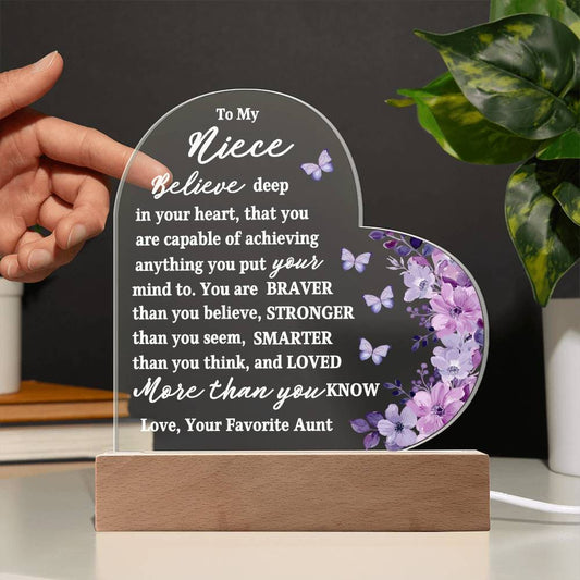 To My Niece | Believe | From Aunt (Lilac Acrylic Heart LED Light)