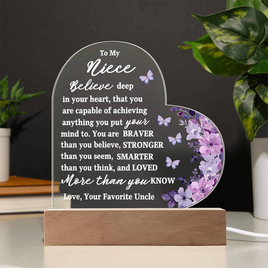 To My Niece | Believe | From Uncle (Lilac Acrylic Heart LED Light)