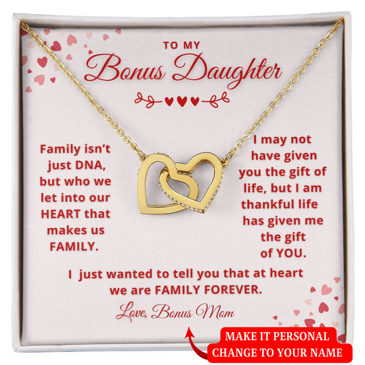To My Bonus Daughter | We are Family Forever | Personalized Signature (Interlocking Hearts Necklace)
