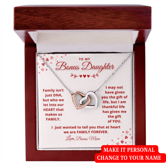To My Bonus Daughter | We are Family Forever | Personalized Signature (Interlocking Hearts Necklace)