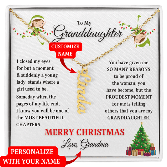 To My Granddaughter | Proudest Moment | Merry Christmas Personalized Grandparent Signature (Vertical Name Necklace)