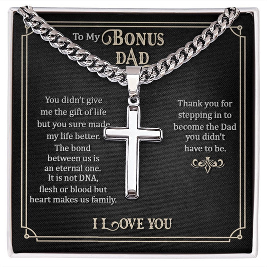 To my Bonus Dad | Heart Makes Family (Artisan Cross Cuban Chain)
