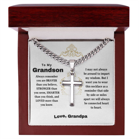 To My Grandson | Always Connected by Heart | From Grandfather wcv1 (Artisan Cross Cuban Chain).