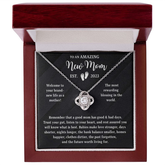 NEW MOM EST. 2023 | The Most Rewarding Blessing (Love Knot Necklace)