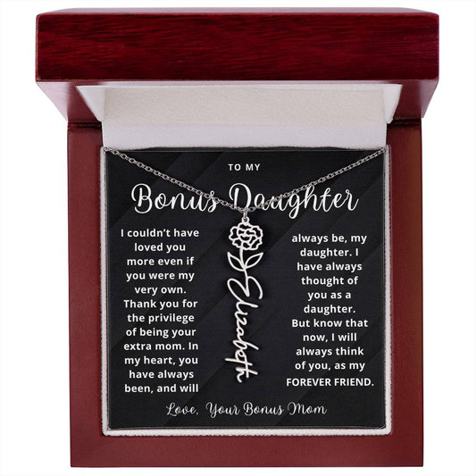 To Bonus Daughter | Forever Friend | From Bonus Mom, Aunt, Extra Mom (Flower Name Necklace)