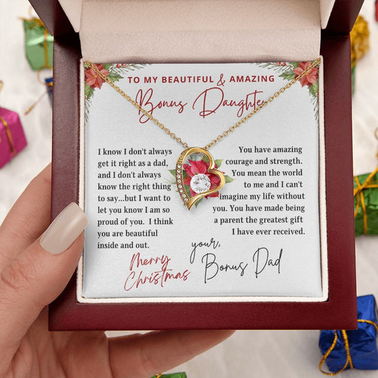 To My Bonus Daughter | Merry Christmas My Greatest Gift | From Bonus Dad (Forever Love Necklace)