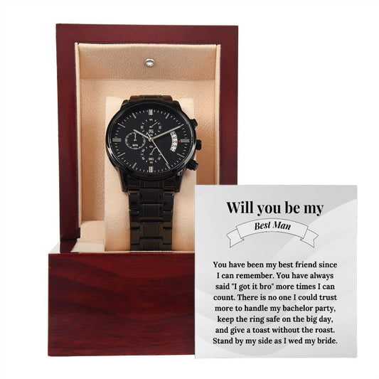 Best Man Gift (Black Chronograph Watch) Custom Engraving Available at Checkout